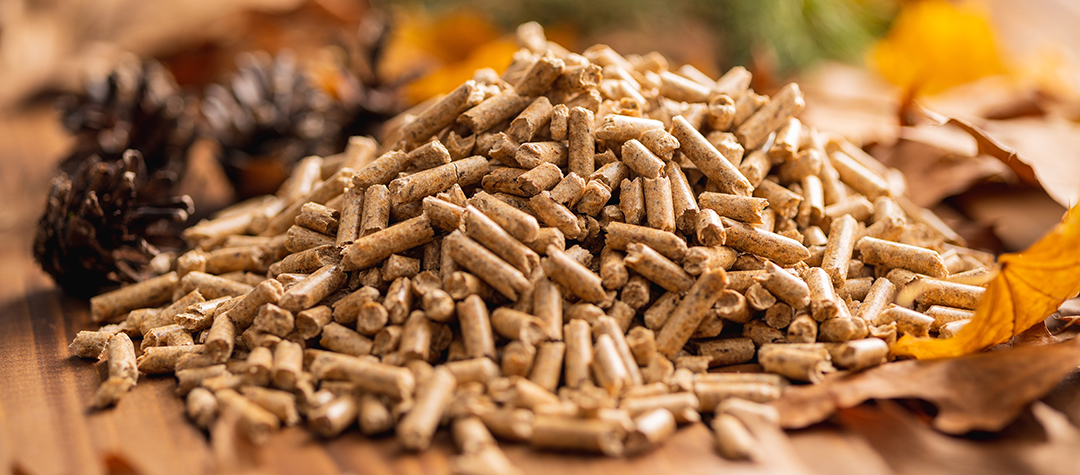 Wooden pellets on the wooden table.